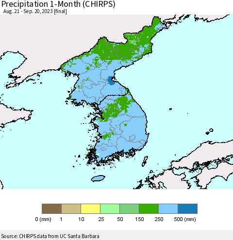 Korea Precipitation 1-Month (CHIRPS) Thematic Map For 8/21/2023 - 9/20/2023