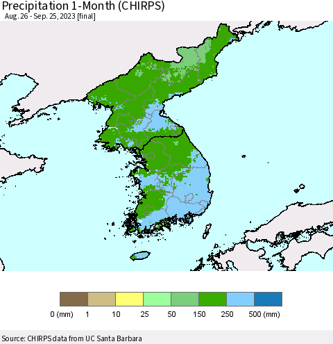 Korea Precipitation 1-Month (CHIRPS) Thematic Map For 8/26/2023 - 9/25/2023