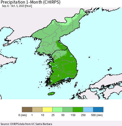 Korea Precipitation 1-Month (CHIRPS) Thematic Map For 9/6/2023 - 10/5/2023