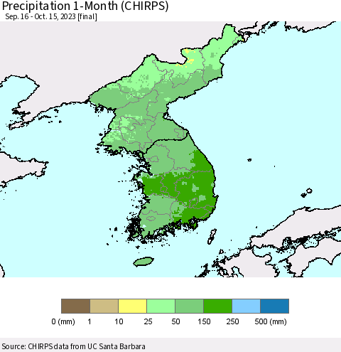 Korea Precipitation 1-Month (CHIRPS) Thematic Map For 9/16/2023 - 10/15/2023