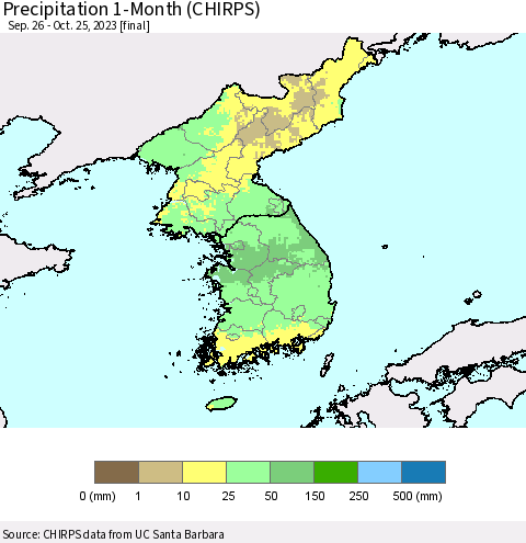 Korea Precipitation 1-Month (CHIRPS) Thematic Map For 9/26/2023 - 10/25/2023