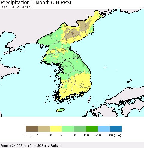 Korea Precipitation 1-Month (CHIRPS) Thematic Map For 10/1/2023 - 10/31/2023