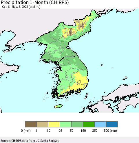 Korea Precipitation 1-Month (CHIRPS) Thematic Map For 10/6/2023 - 11/5/2023