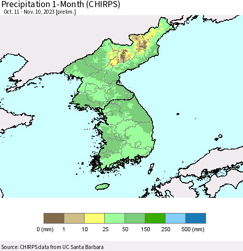 Korea Precipitation 1-Month (CHIRPS) Thematic Map For 10/11/2023 - 11/10/2023
