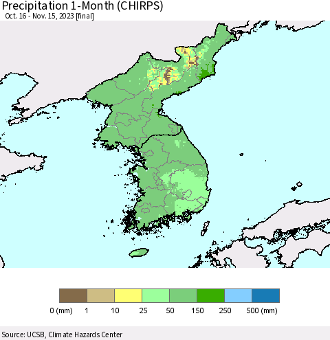 Korea Precipitation 1-Month (CHIRPS) Thematic Map For 10/16/2023 - 11/15/2023