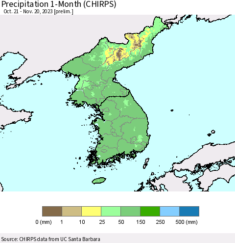 Korea Precipitation 1-Month (CHIRPS) Thematic Map For 10/21/2023 - 11/20/2023