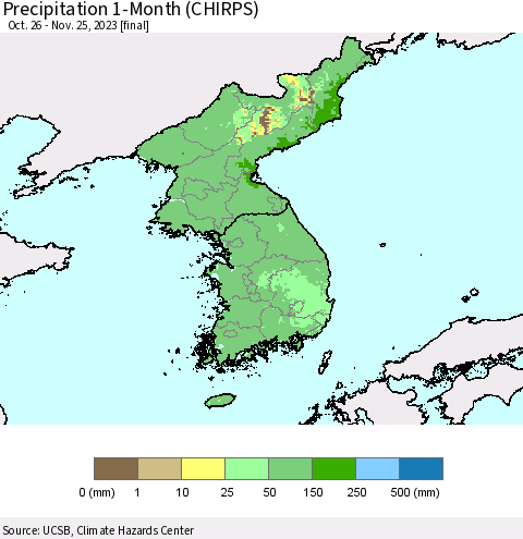 Korea Precipitation 1-Month (CHIRPS) Thematic Map For 10/26/2023 - 11/25/2023