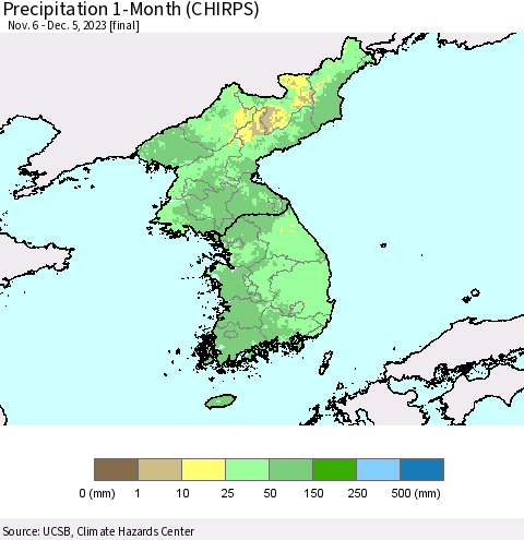 Korea Precipitation 1-Month (CHIRPS) Thematic Map For 11/6/2023 - 12/5/2023