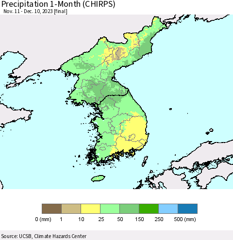 Korea Precipitation 1-Month (CHIRPS) Thematic Map For 11/11/2023 - 12/10/2023