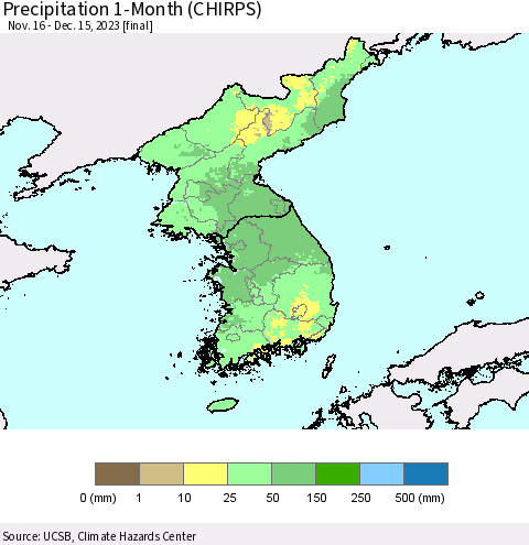 Korea Precipitation 1-Month (CHIRPS) Thematic Map For 11/16/2023 - 12/15/2023