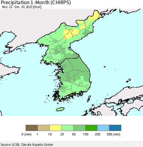 Korea Precipitation 1-Month (CHIRPS) Thematic Map For 11/21/2023 - 12/20/2023