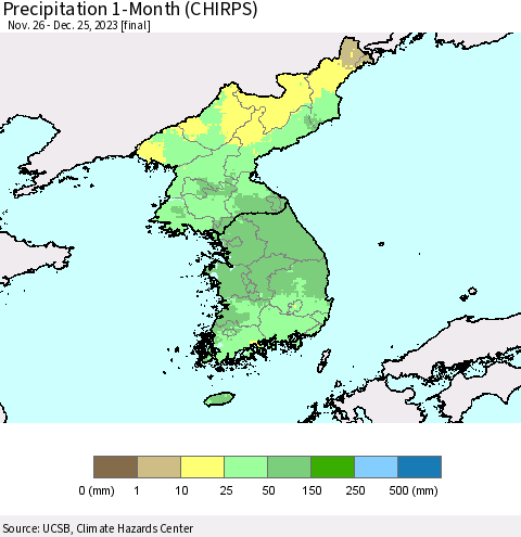 Korea Precipitation 1-Month (CHIRPS) Thematic Map For 11/26/2023 - 12/25/2023