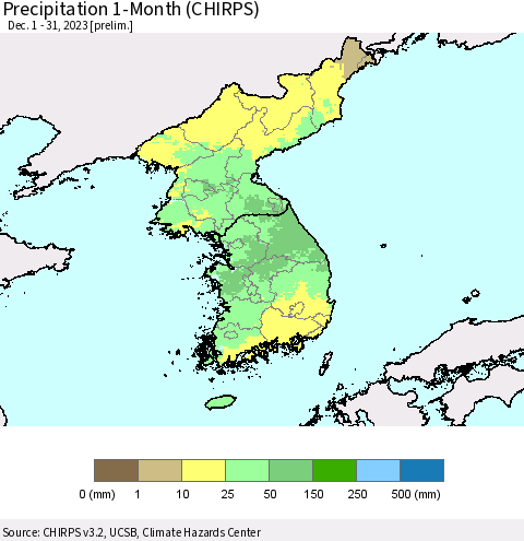 Korea Precipitation 1-Month (CHIRPS) Thematic Map For 12/1/2023 - 12/31/2023