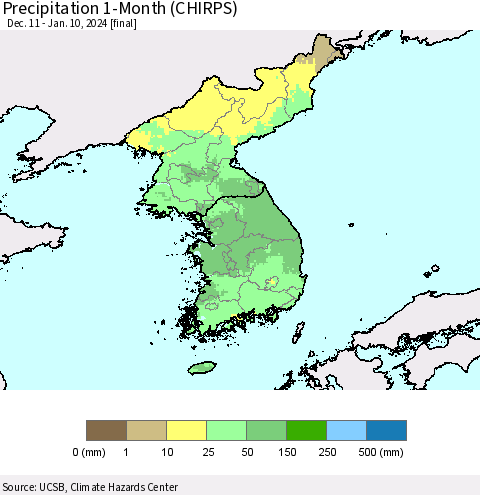 Korea Precipitation 1-Month (CHIRPS) Thematic Map For 12/11/2023 - 1/10/2024