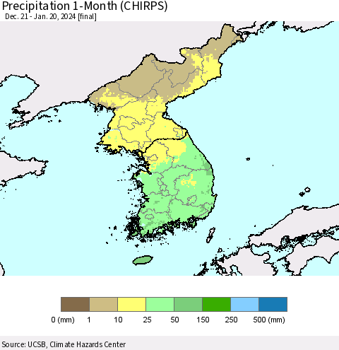 Korea Precipitation 1-Month (CHIRPS) Thematic Map For 12/21/2023 - 1/20/2024