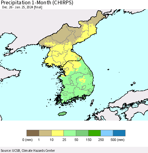 Korea Precipitation 1-Month (CHIRPS) Thematic Map For 12/26/2023 - 1/25/2024