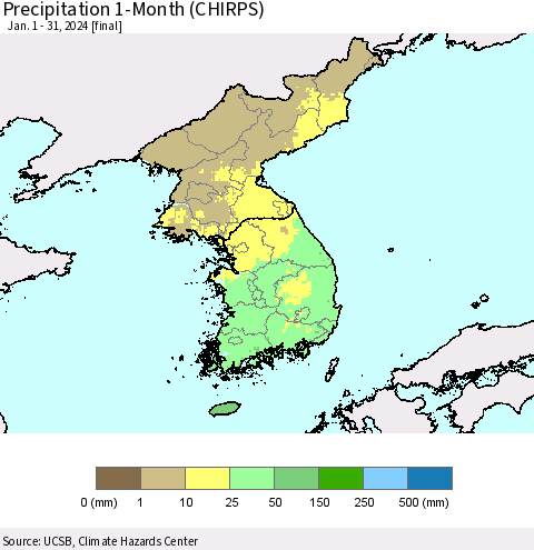 Korea Precipitation 1-Month (CHIRPS) Thematic Map For 1/1/2024 - 1/31/2024