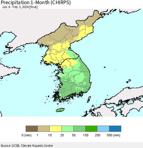 Korea Precipitation 1-Month (CHIRPS) Thematic Map For 1/6/2024 - 2/5/2024