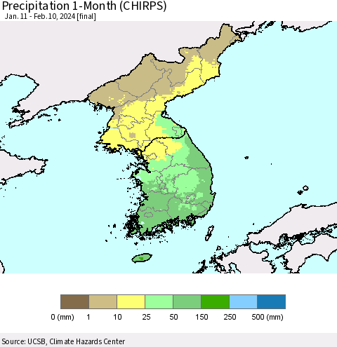 Korea Precipitation 1-Month (CHIRPS) Thematic Map For 1/11/2024 - 2/10/2024