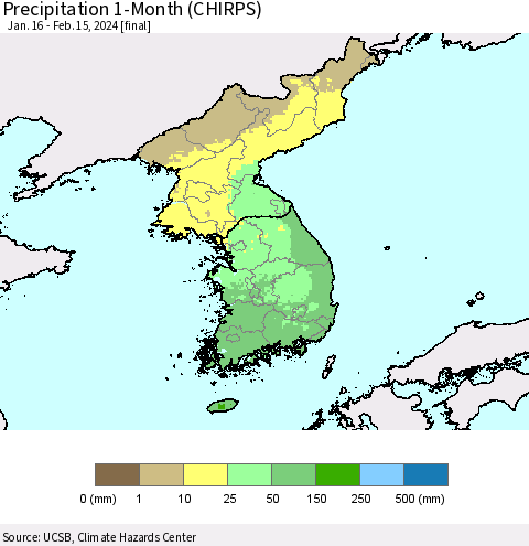 Korea Precipitation 1-Month (CHIRPS) Thematic Map For 1/16/2024 - 2/15/2024