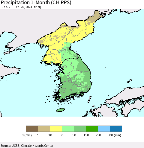 Korea Precipitation 1-Month (CHIRPS) Thematic Map For 1/21/2024 - 2/20/2024