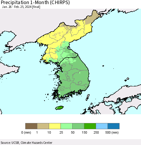 Korea Precipitation 1-Month (CHIRPS) Thematic Map For 1/26/2024 - 2/25/2024