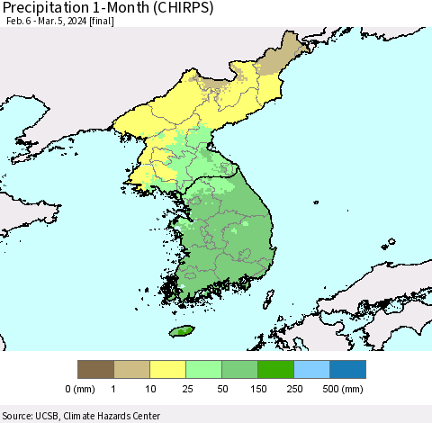 Korea Precipitation 1-Month (CHIRPS) Thematic Map For 2/6/2024 - 3/5/2024