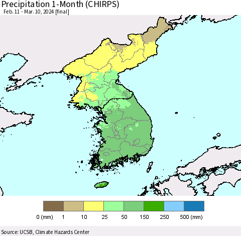 Korea Precipitation 1-Month (CHIRPS) Thematic Map For 2/11/2024 - 3/10/2024