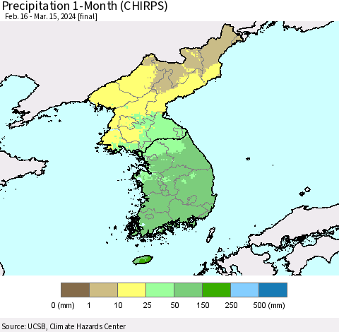 Korea Precipitation 1-Month (CHIRPS) Thematic Map For 2/16/2024 - 3/15/2024