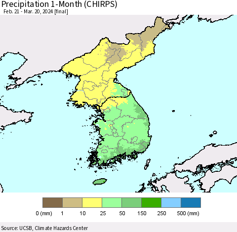 Korea Precipitation 1-Month (CHIRPS) Thematic Map For 2/21/2024 - 3/20/2024