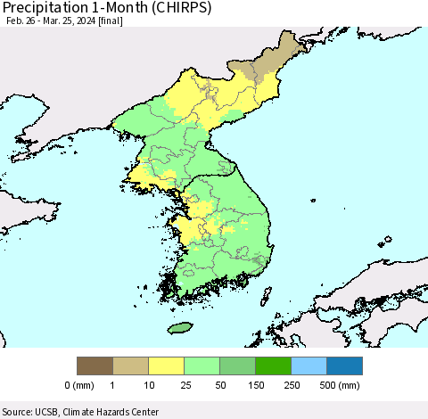Korea Precipitation 1-Month (CHIRPS) Thematic Map For 2/26/2024 - 3/25/2024