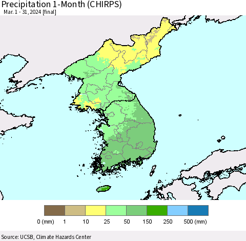 Korea Precipitation 1-Month (CHIRPS) Thematic Map For 3/1/2024 - 3/31/2024
