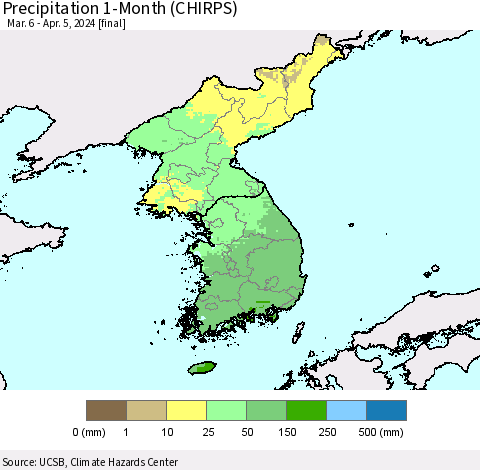 Korea Precipitation 1-Month (CHIRPS) Thematic Map For 3/6/2024 - 4/5/2024