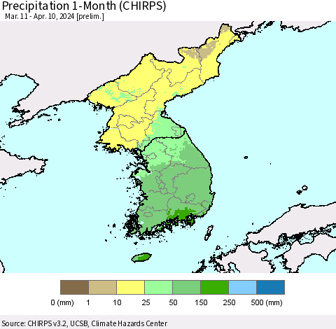 Korea Precipitation 1-Month (CHIRPS) Thematic Map For 3/11/2024 - 4/10/2024