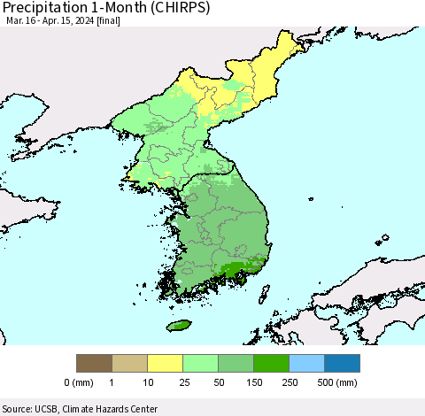 Korea Precipitation 1-Month (CHIRPS) Thematic Map For 3/16/2024 - 4/15/2024