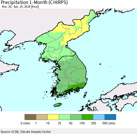 Korea Precipitation 1-Month (CHIRPS) Thematic Map For 3/26/2024 - 4/25/2024