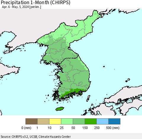Korea Precipitation 1-Month (CHIRPS) Thematic Map For 4/6/2024 - 5/5/2024
