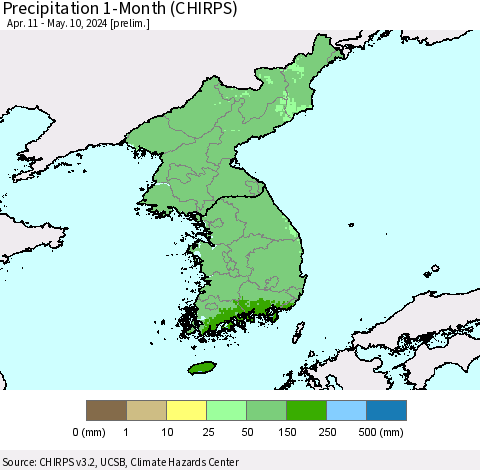 Korea Precipitation 1-Month (CHIRPS) Thematic Map For 4/11/2024 - 5/10/2024