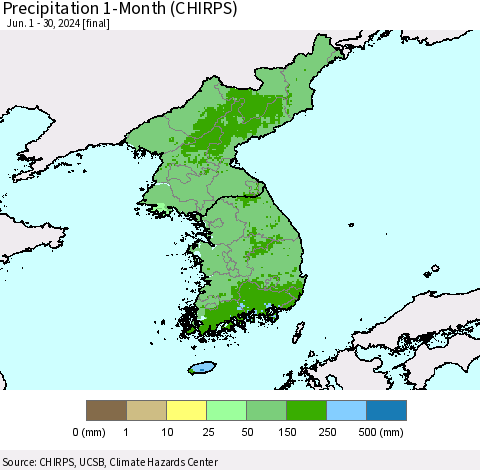 Korea Precipitation 1-Month (CHIRPS) Thematic Map For 6/1/2024 - 6/30/2024