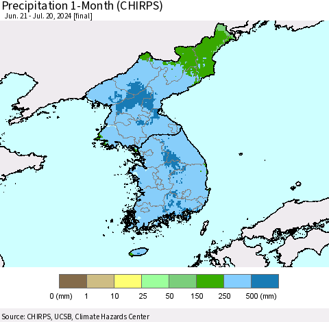 Korea Precipitation 1-Month (CHIRPS) Thematic Map For 6/21/2024 - 7/20/2024
