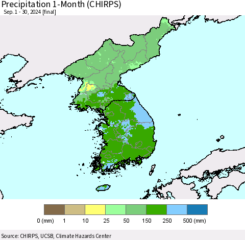 Korea Precipitation 1-Month (CHIRPS) Thematic Map For 9/1/2024 - 9/30/2024