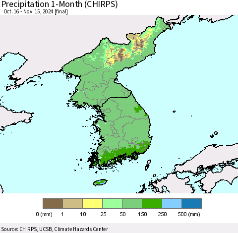 Korea Precipitation 1-Month (CHIRPS) Thematic Map For 10/16/2024 - 11/15/2024