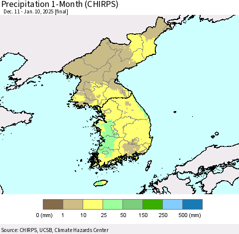 Korea Precipitation 1-Month (CHIRPS) Thematic Map For 12/11/2024 - 1/10/2025
