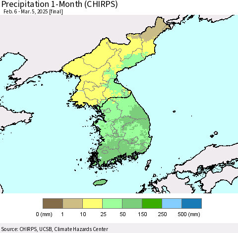 Korea Precipitation 1-Month (CHIRPS) Thematic Map For 2/6/2025 - 3/5/2025