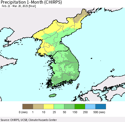 Korea Precipitation 1-Month (CHIRPS) Thematic Map For 2/21/2025 - 3/20/2025