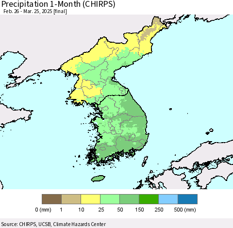 Korea Precipitation 1-Month (CHIRPS) Thematic Map For 2/26/2025 - 3/25/2025