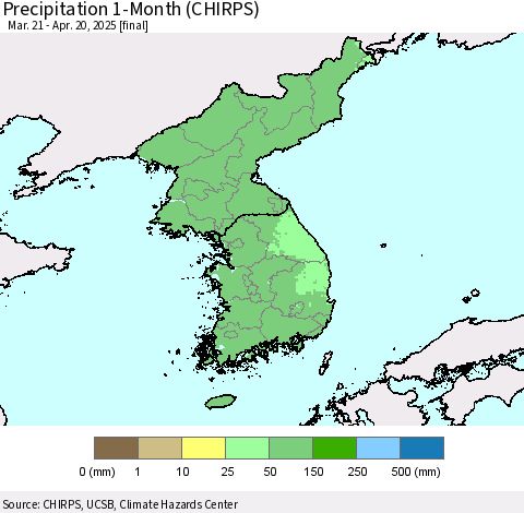 Korea Precipitation 1-Month (CHIRPS) Thematic Map For 3/21/2025 - 4/20/2025