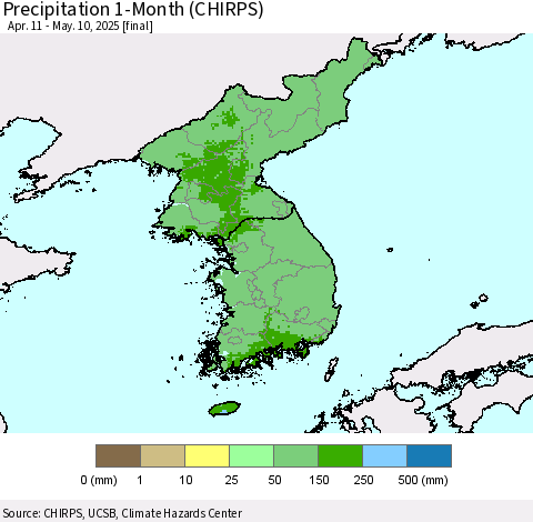 Korea Precipitation 1-Month (CHIRPS) Thematic Map For 4/11/2025 - 5/10/2025