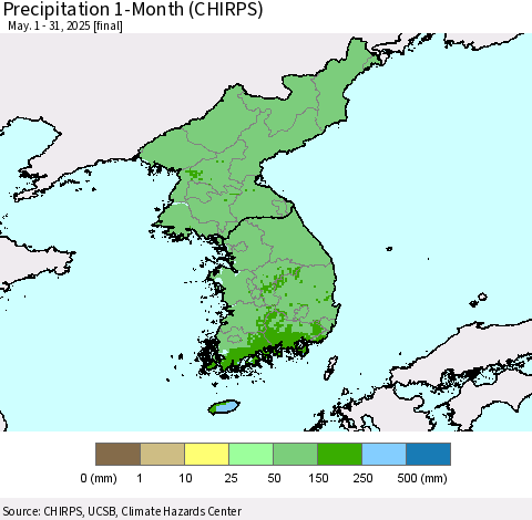 Korea Precipitation 1-Month (CHIRPS) Thematic Map For 5/1/2025 - 5/31/2025