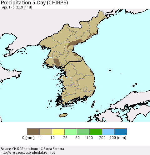 Korea Precipitation 5-Day (CHIRPS) Thematic Map For 4/1/2019 - 4/5/2019